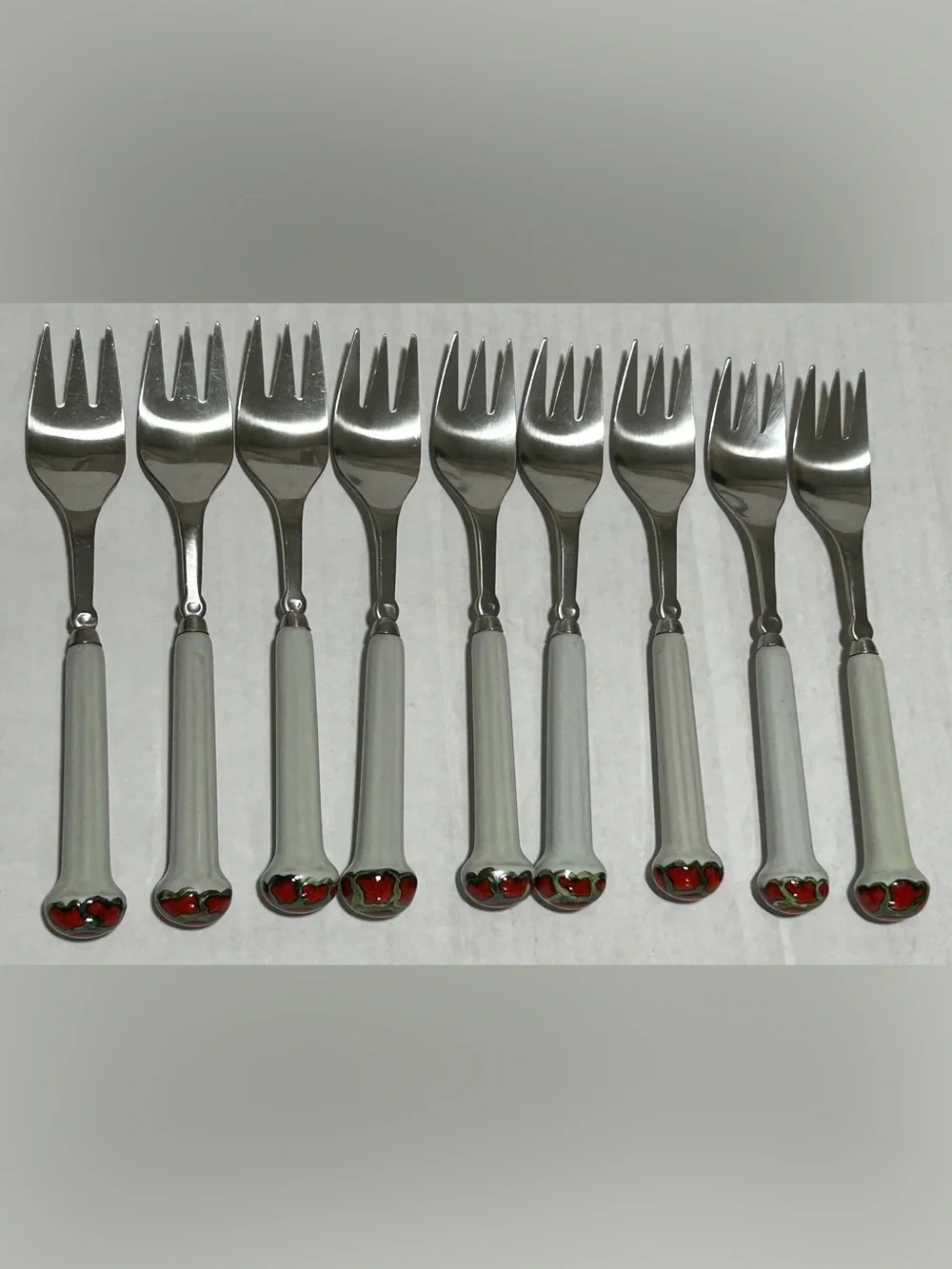 White-Handled Dessert Forks with Red Heart Accents - Set of 8